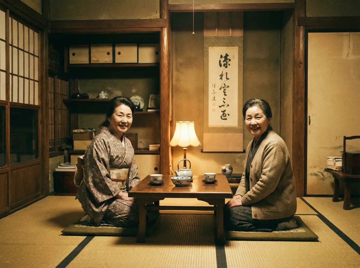 两位优雅的 强上 在日式茶室中品茶交谈